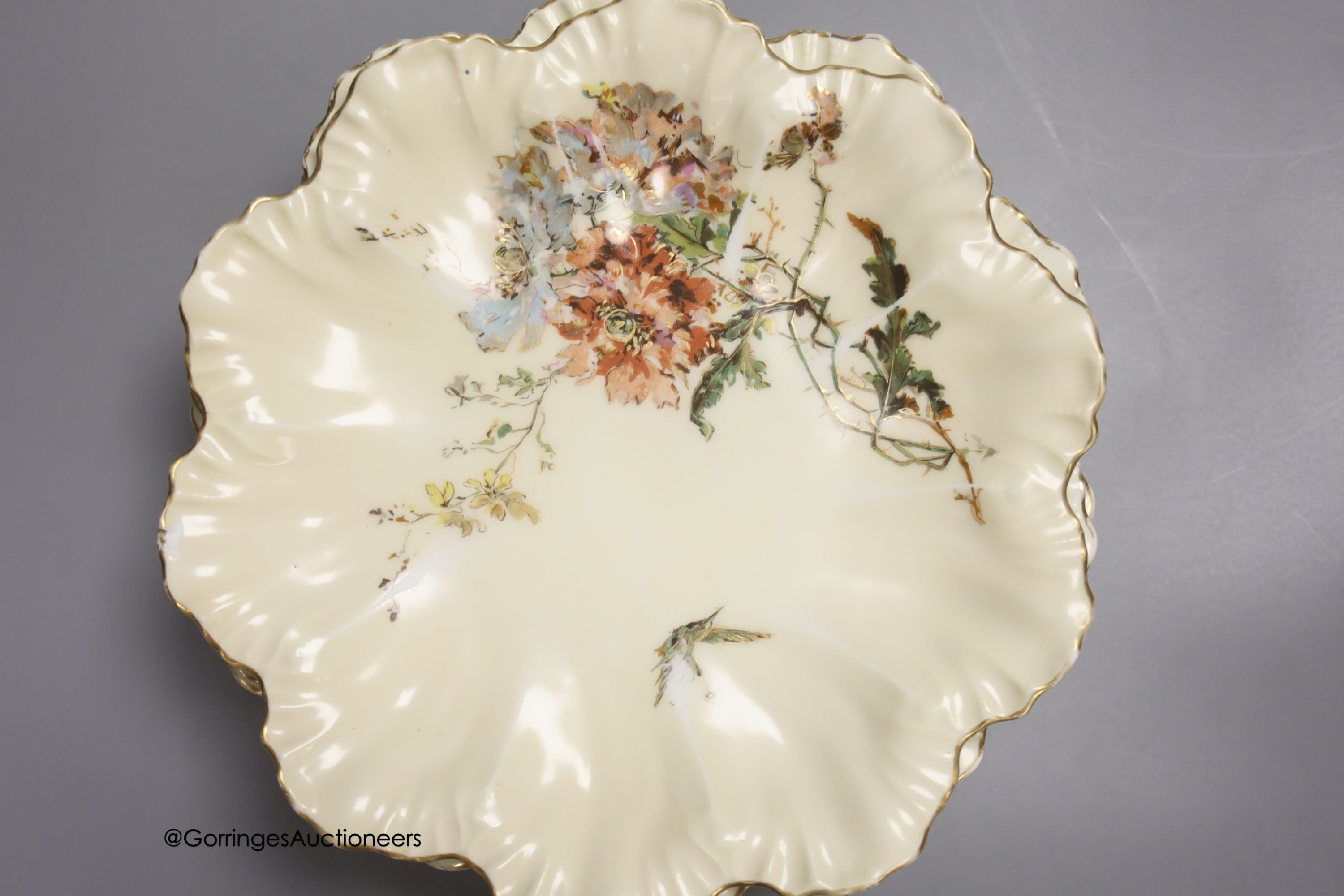 Two sets of six Limoges dessert plates, three English porcelain ribbon plates, an Alfred Pearce Aynsley dessert plate and a Worcester cup and saucer